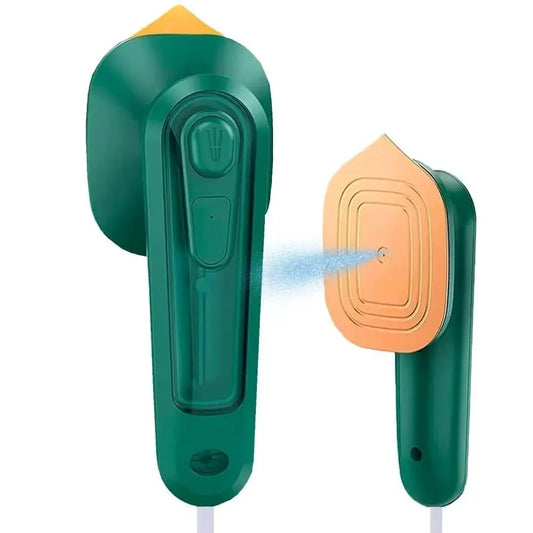 Green and orange portable mini travel steamer with handheld iron, showing steam spray for wrinkle removal